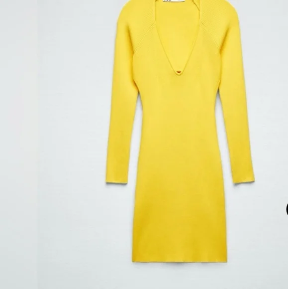Zara Vibrant Yellow Long Sleeve Bodycon Ribbed Knit Mini Dress SIZE M. - Picture 4 of 10